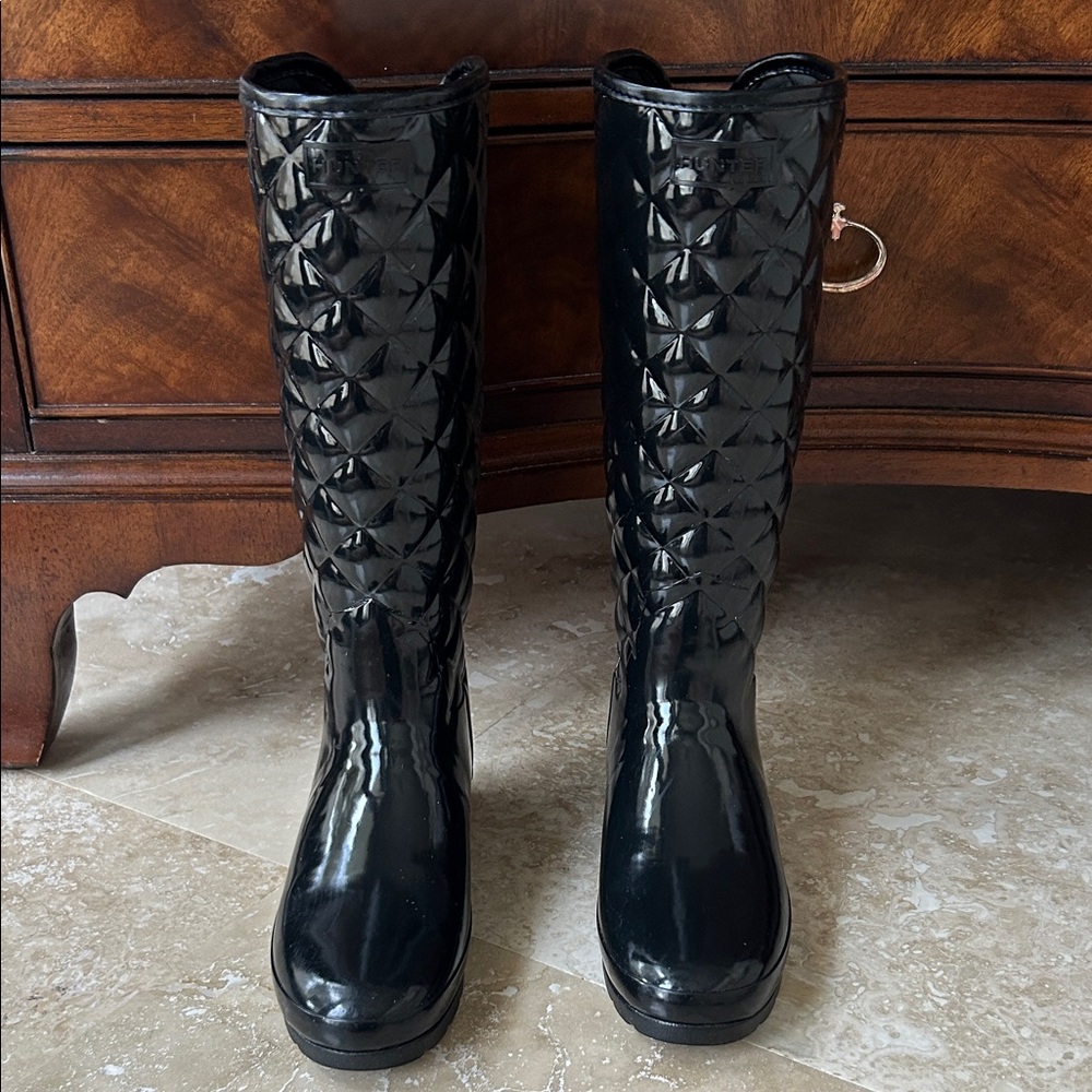 Hunter Black Quilted Glossy Knee-High Rain Boots